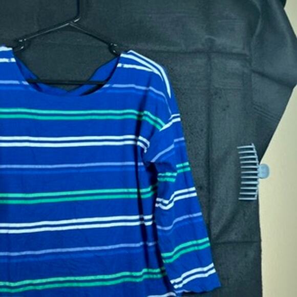 T By Talbots Women Shirt Blue Striped Boat Neck Cross Back Long Sleeve Stretch L - Picture 5 of 12